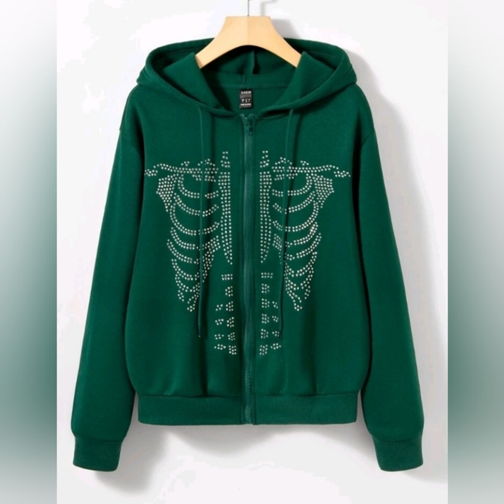 SHEIN: Rhinestone Skeleton Pattern Drawstring Thermal Hoodie